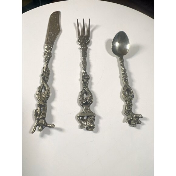 Vintage Ornate Brass & Silver-Plated Flatware Set With Figural Handles - Picture 3 of 7